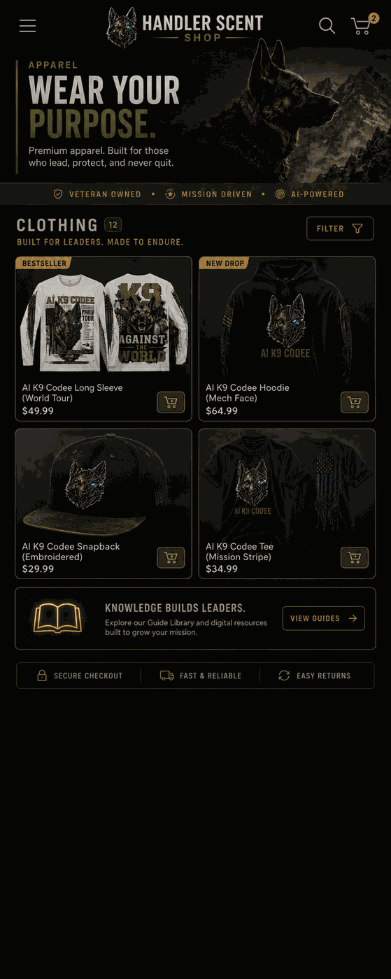 Handler Scent shop mobile storefront with AI K9 apparel product grid