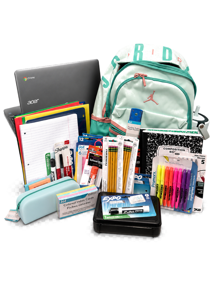 Air Jordan backpack, Chromebook, and school supplies giveaway items